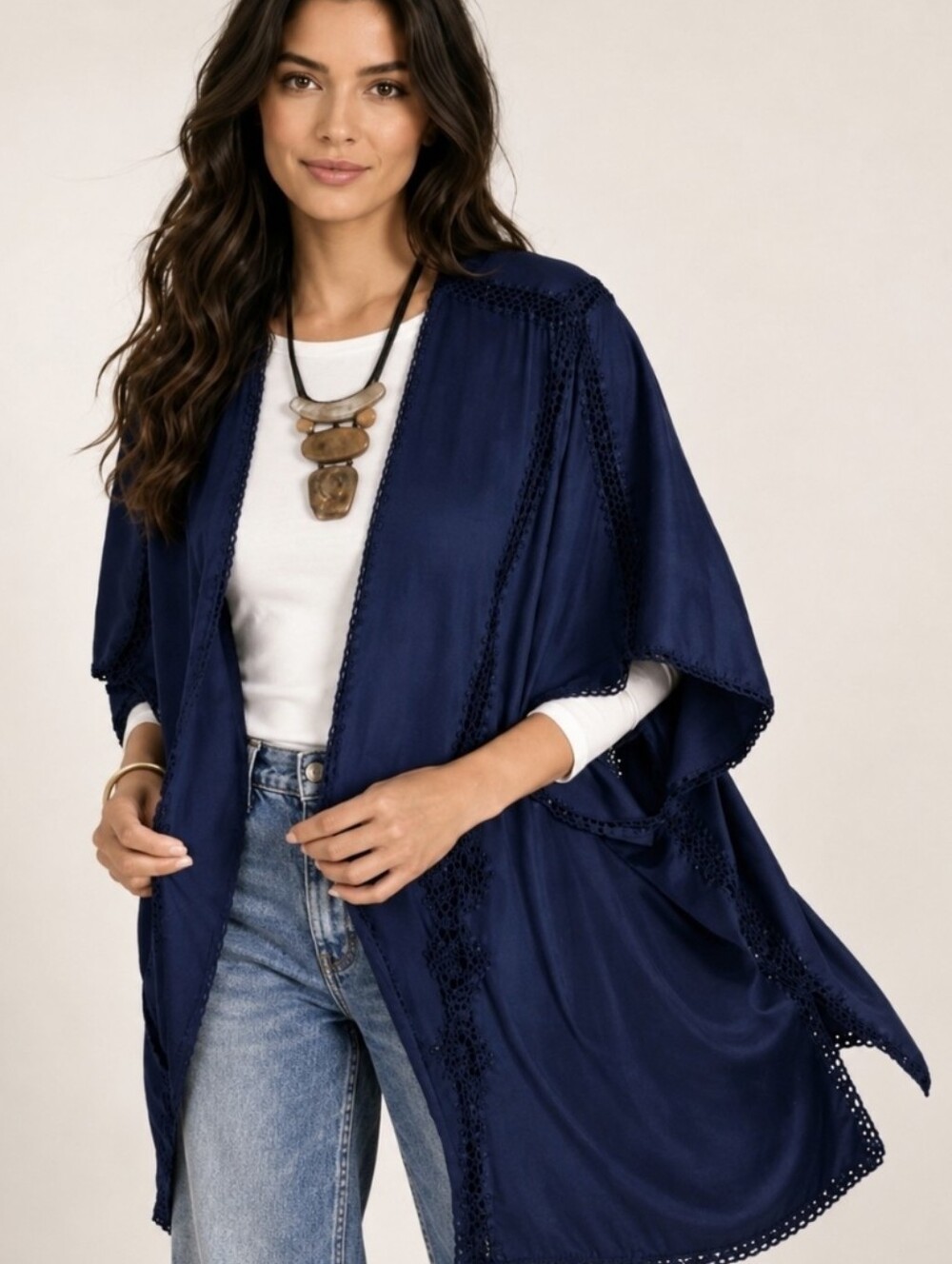 Chico's Ruana Wrap Faux Suede Navy Blue Shawl Jacket Crochet Size S/M